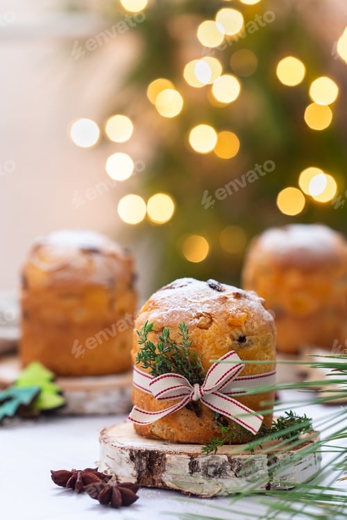 Preview: Traditional Italian Christmas cake Panettone with festive decorations