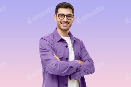 Preview: Hispanic man wearing purple shirt and glasses, looking at camera with positive confident smile