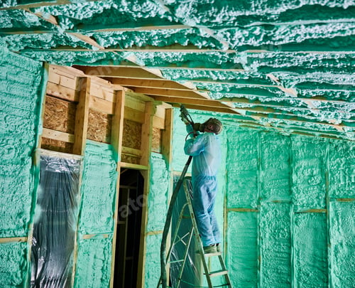 Preview: Worker spraying polyurethane foam for insulating wooden frame house.