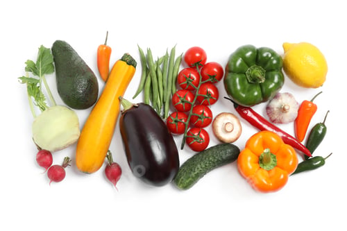 Preview: Many different fresh vegetables on white background, top view