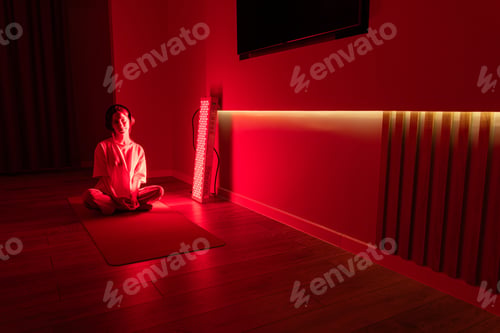 Preview: Young woman relaxing on yoga mat with red light therapy