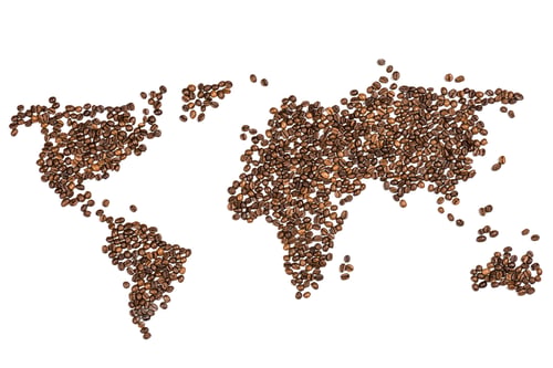 Preview: Edible world map made from coffee beans isolated on white