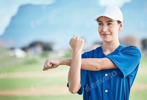 Preview: Outdoor, fitness and woman stretching, thinking and player training, uniform and warm up for workou