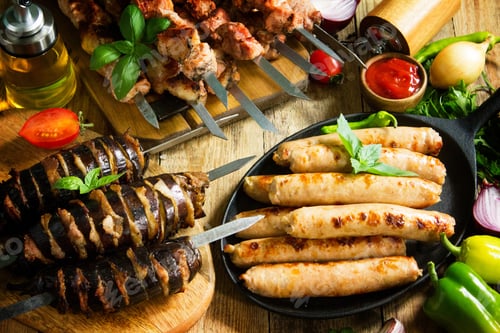 Preview: Grilled meat skewers, grilled sausages and grilled eggplant with bacon on rustic wooden table.