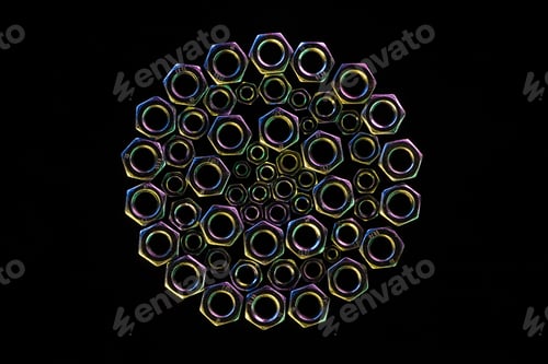 Preview: close up view of steel nuts circle isolated on black