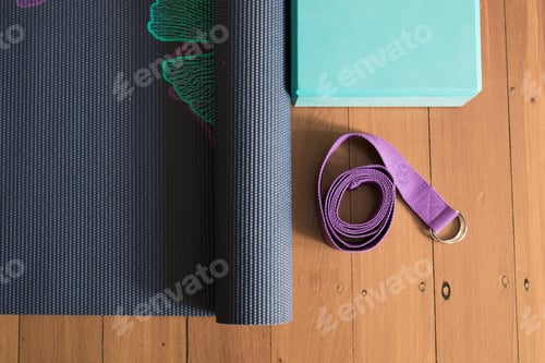 Preview: Yoga Mat, Block and Strap on Wood Floor