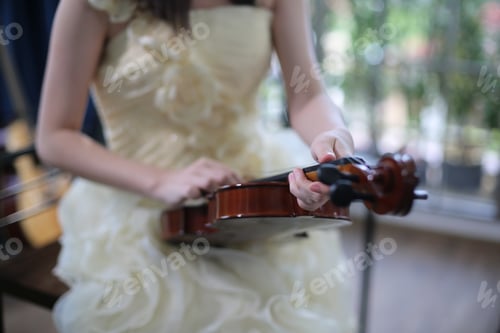 Preview: young woman musician playing fiddle violin music instrument, classical violinist person player