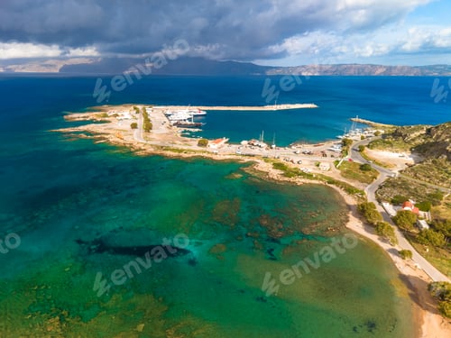 Preview: Aerials of Trachilos and Viglia Beach and storm clouds over Geroskínos, Crete, Greece