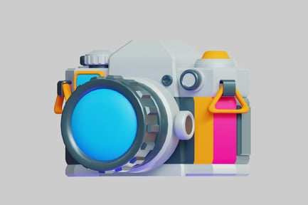 Preview: A modern camera in white with blue lens and yellow and pink stripes.