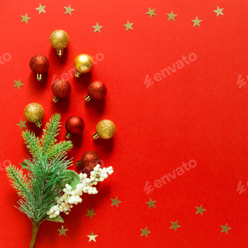 Preview: Festive xmas decoration with toys. Empty space for copy space. Square, flat lay, top view