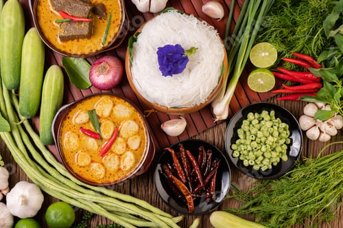 Preview: Rice noodles in a bowl of curry paste with chili, cucumber, long bean, lime, garlic and spring onion
