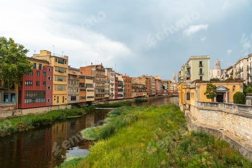Preview: Girona medieval city, traditional colored houses on the Onyar river, Costa Brava