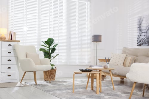 Preview: Stylish living room with lamp, houseplant and sofa. Interior design