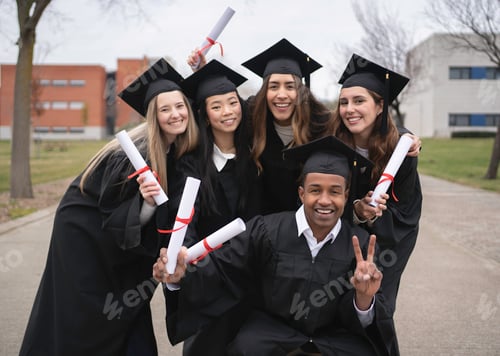 Preview: Happy multiethnic students celebrating graduation holding diplomas and smiling looking to the camera