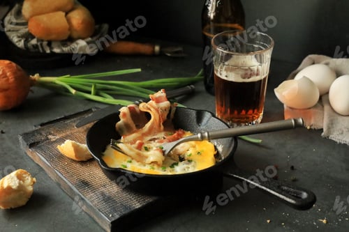 Preview: Fried eggs with bacon in a frying pan on the table, beer and other food products for lunch