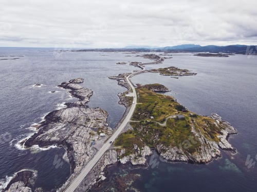 Preview: Aerial drone shot of the Atlantic Ocean Road (Atlanterhavsvegen) in Norway