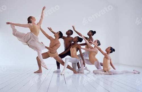 Preview: Creating beauty. Shot of a group of ballet dancers practicing a routine in a dance studio.