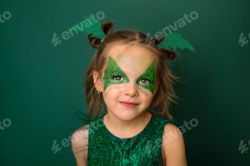 Preview: Portrait of cute pretty girl with painted dragon wings on face