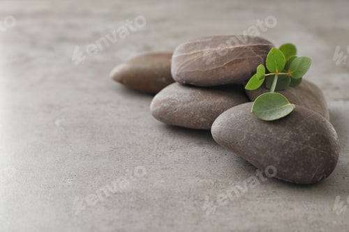 Preview: Spa stones with eucalyptus on color background. Space for text