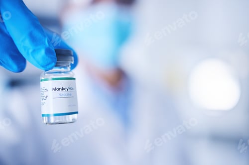 Preview: Monkeypox vaccine, doctor and hands of vial for risk, protection and healthcare medicine. Closeup,