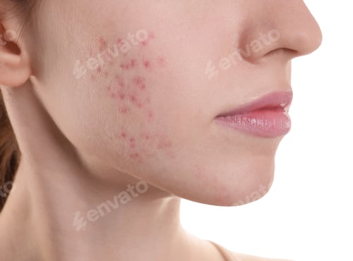 Preview: Young woman with acne problem on white background, closeup