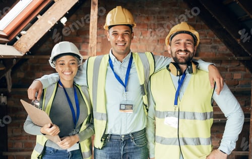 Preview: Architect, engineer and team happy with construction, teamwork and support in home development. Eng