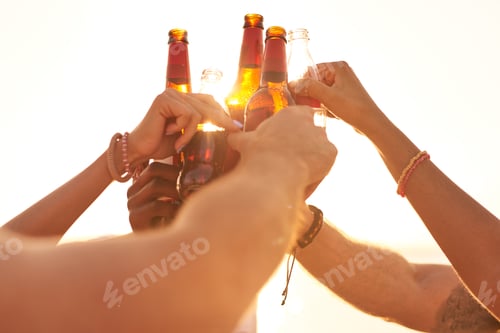 Preview: Friends clinking beer bottles in sunlight
