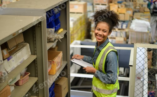 Preview: Female warehouse worker Counting items in an industrial warehouse