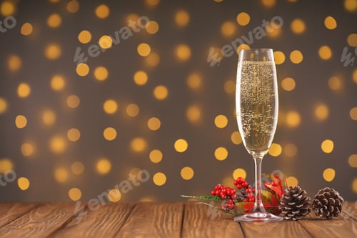 Preview: Wineglass Of Sparkling Wine On Bokeh Lights Background And New Year Decorations