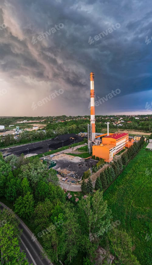Preview: Heat Plant with Coal Fuel in Tarnow, Poland. Aerial Drone View on Industrial Zone.