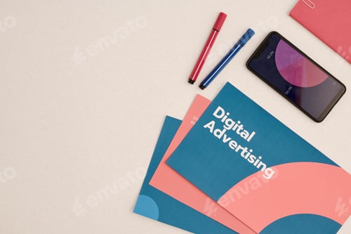 Preview: Flat layout of digital advertising brochures and phone with financial diagram