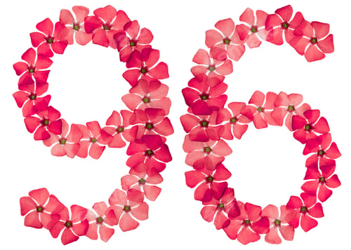 Preview: Numeral 96, ninety six, from natural red flowers of periwinkle, isolated on white background