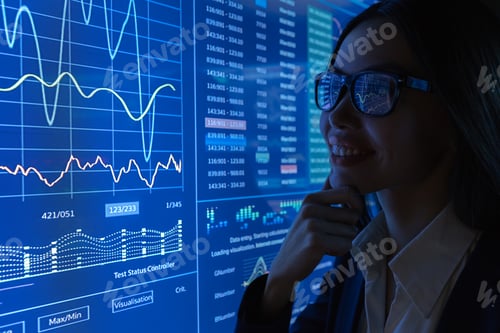 Preview: The business lady works with blue monitor.