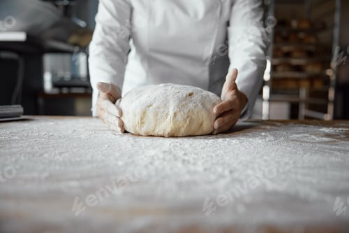 Preview: Baker hands holding kneaded dough to prepare fresh bread