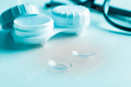 Preview: Glasses, contact lenses and case on white background, close up