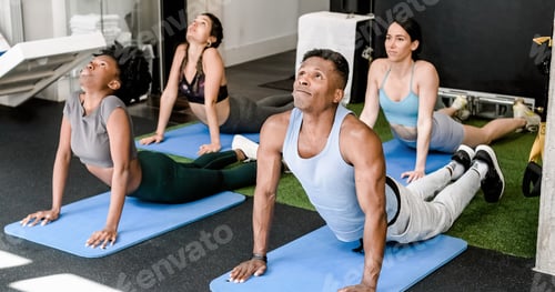 Preview: Group of multiethnic people doing stretching exercise on mats