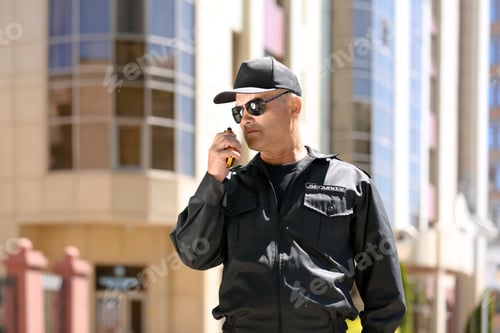 Preview: Male security guard using portable radio transmitter outdoors