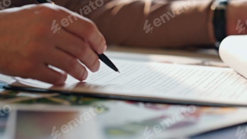 Preview: Man hand signing contract sitting office desk close up. Boss putting signature.