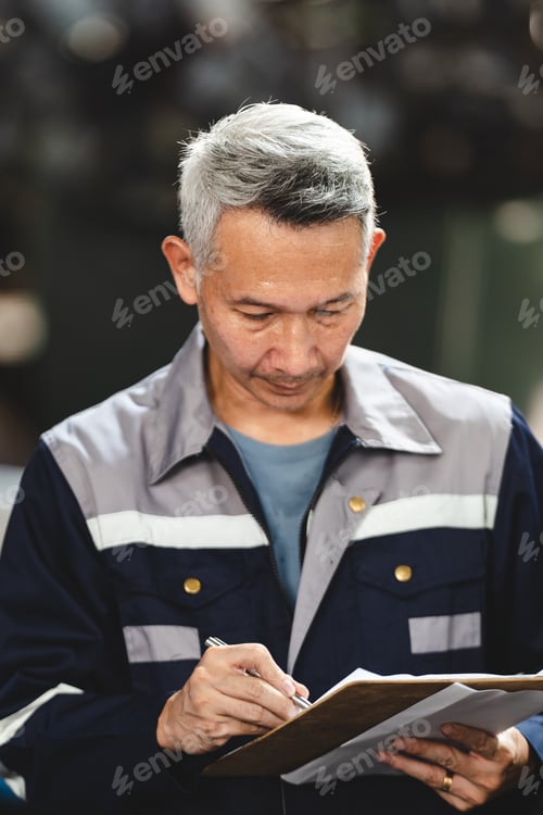Preview: Asian worker senior mechanic grey hair uniform clipboard focused expression factory inspection