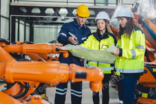 Preview: Industrial engineers collaborate in a high-tech factory environment, inspecting robotic machinery