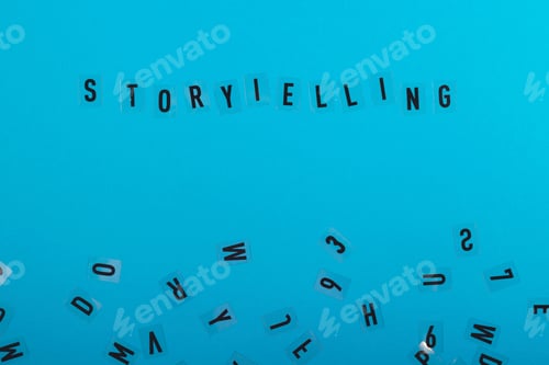 Preview: Storytelling is written on a light blue background among black letters. Marketing and content