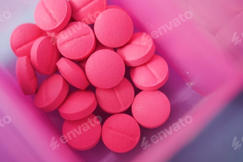 Preview: close up of pink color medical pills in a pill box on table