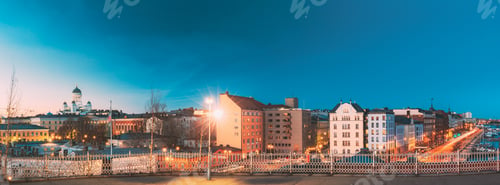Preview: Helsinki, Finland. Panoramic View Of Helsinki Cathedral And Pohjoisranta Street In Evening