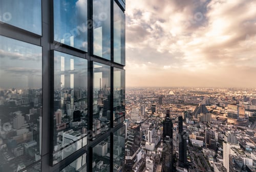 Preview: Surface glass windows with crowded building in bangkok city