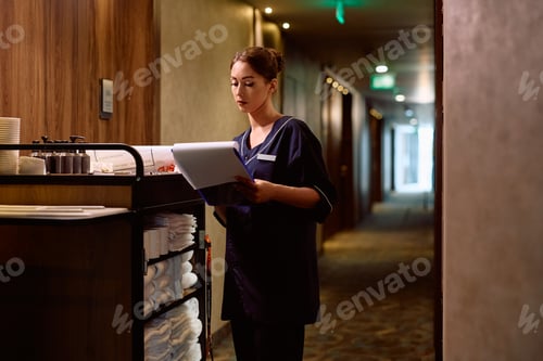 Preview: Young housekeeper checking supplies on chambermaid's trolley while working in hotel.