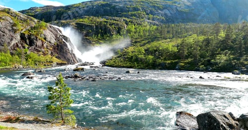 Preview: Kinsarvik, Hordaland, Norway. Waterfall Nykkjesoyfossen In Hardangervidda Mountain Plateau. Spring
