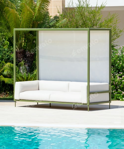 Preview: Modern white sofa with canopy standing near swimming pool