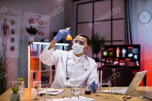 Preview: Young scientist african man lab technical service holding flask with lab glassware