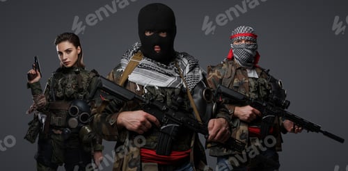 Preview: Radical militants in camouflage group portrait
