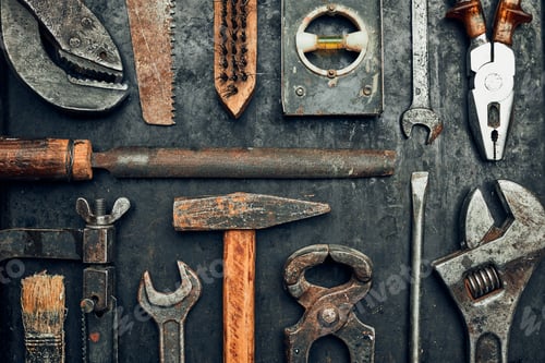 Preview: Old hardware tools. Wrench, screwdrivers. Mechanic tools for maintenance. Hardware tools to fix